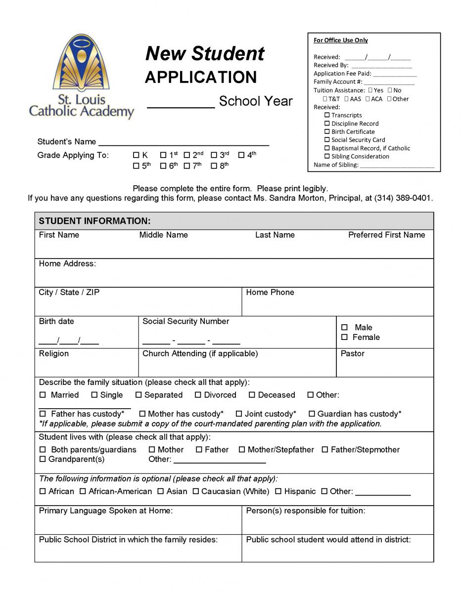 St. Louis Catholic Academy New Student Application